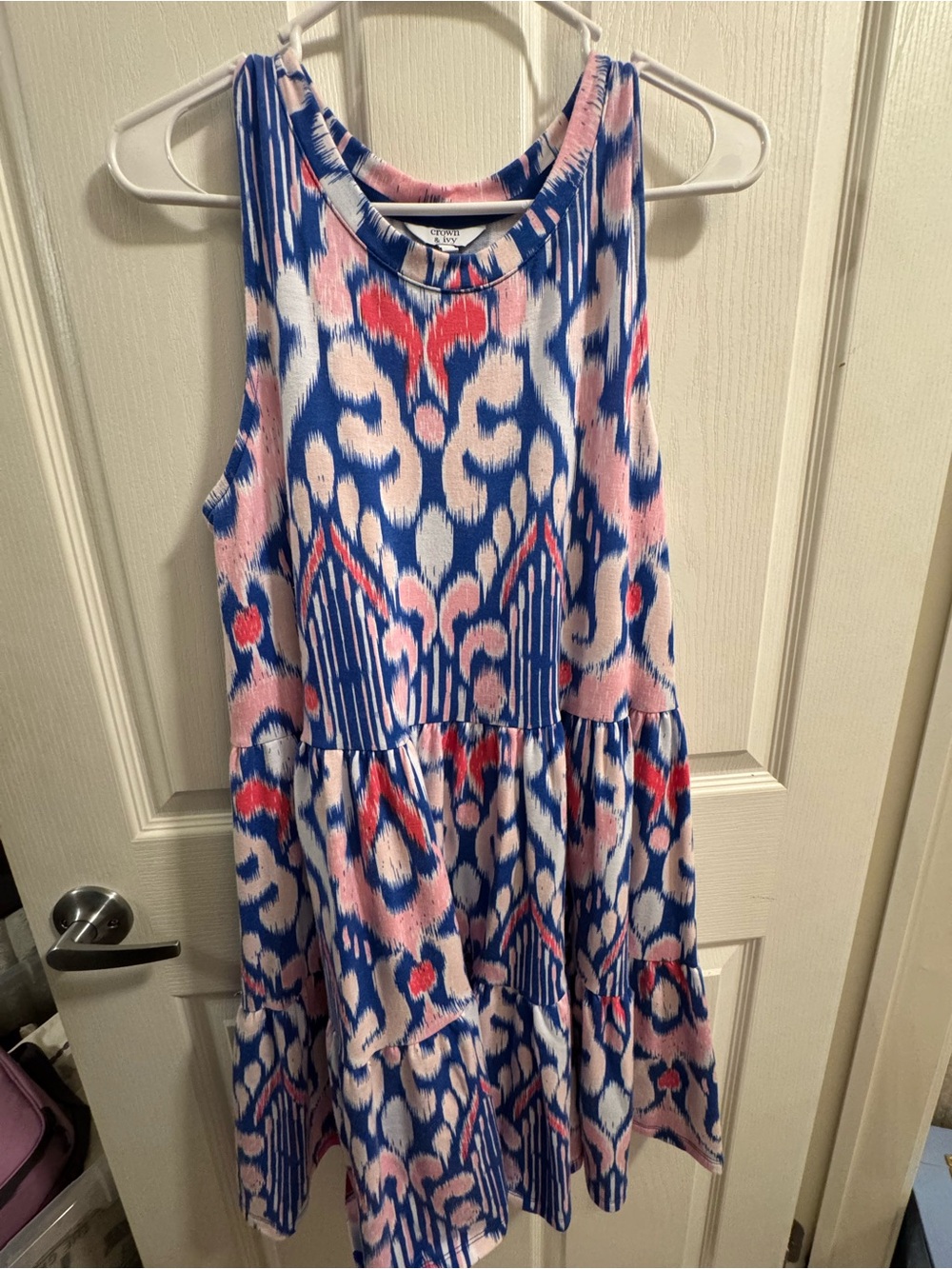 crown & ivy Pink, Blue & Red Printed Sleeveless Tiered Dress